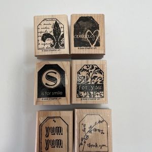 Stampin Up Retired 6pc Wood Mounted Stamp Set “Too Terrific Tags”